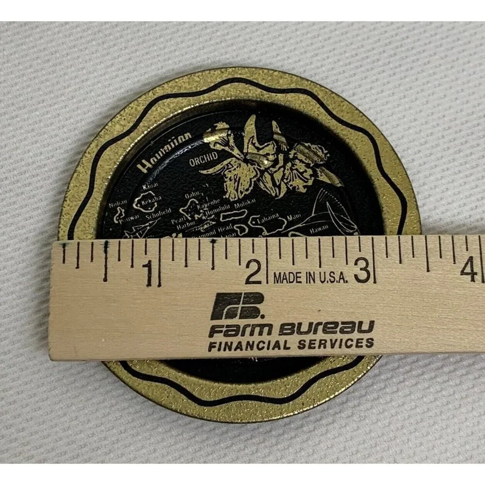 Vintage Hawaiian Islands Souvenir Coaster Set Of 5 Black Gold Steel Map Hibuscus
